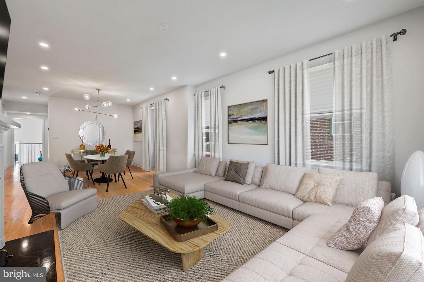 Dining room, Interior, Living room, Pendant Lights, Recessed Lighting, Wood Texture Flooring