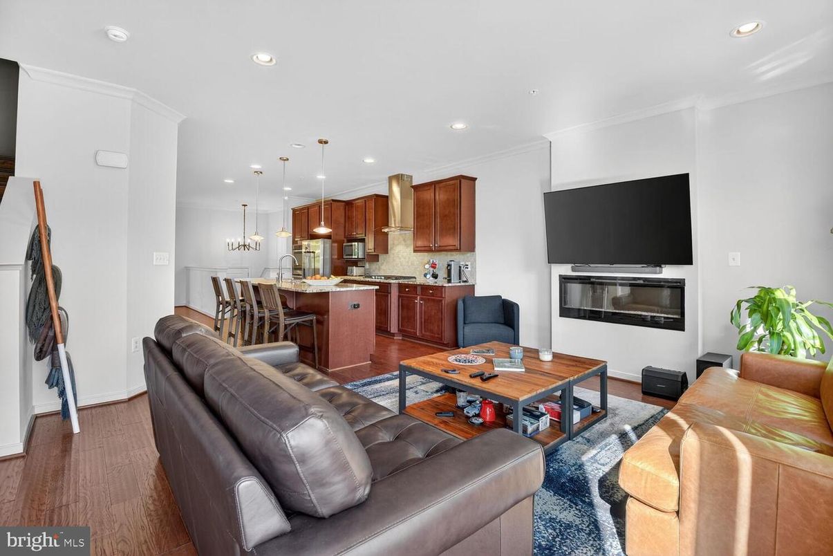Dining room, Fireplace, Interior, Kitchen, Living room, Pendant Lights, Recessed Lighting, Wood Texture Flooring