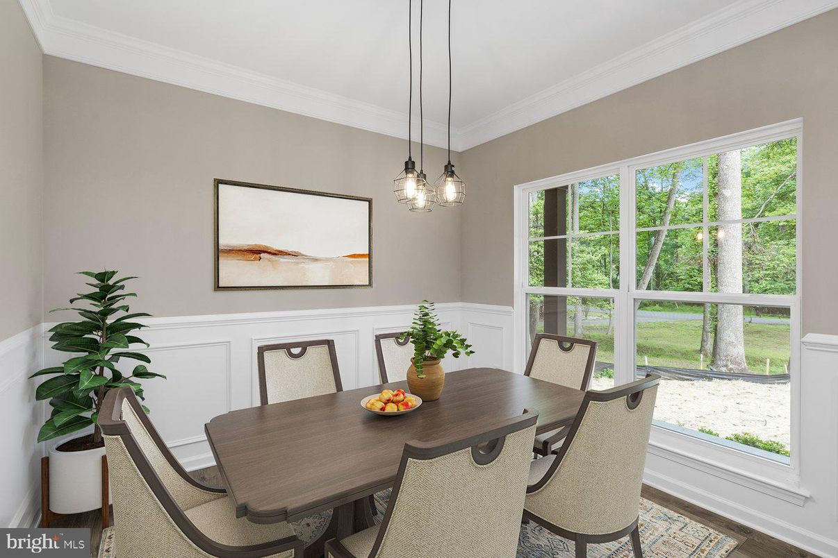 Dining room, Interior, Pendant Lights, Wood Texture Flooring