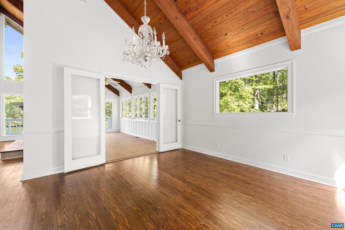 Chandelier, Empty room, Interior, Wooden Beams, Wooden Ceilings, Wood Texture Flooring