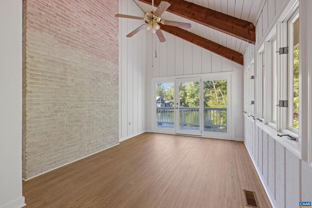Empty room, Interior, Stone Walls, Wooden Beams, Wood Texture Flooring