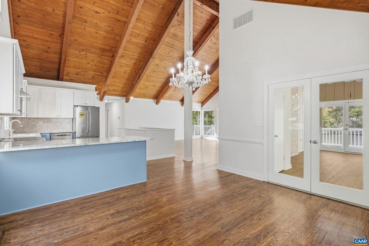 Chandelier, Empty room, Interior, Kitchen, Wooden Beams, Wooden Ceilings, Wood Texture Flooring
