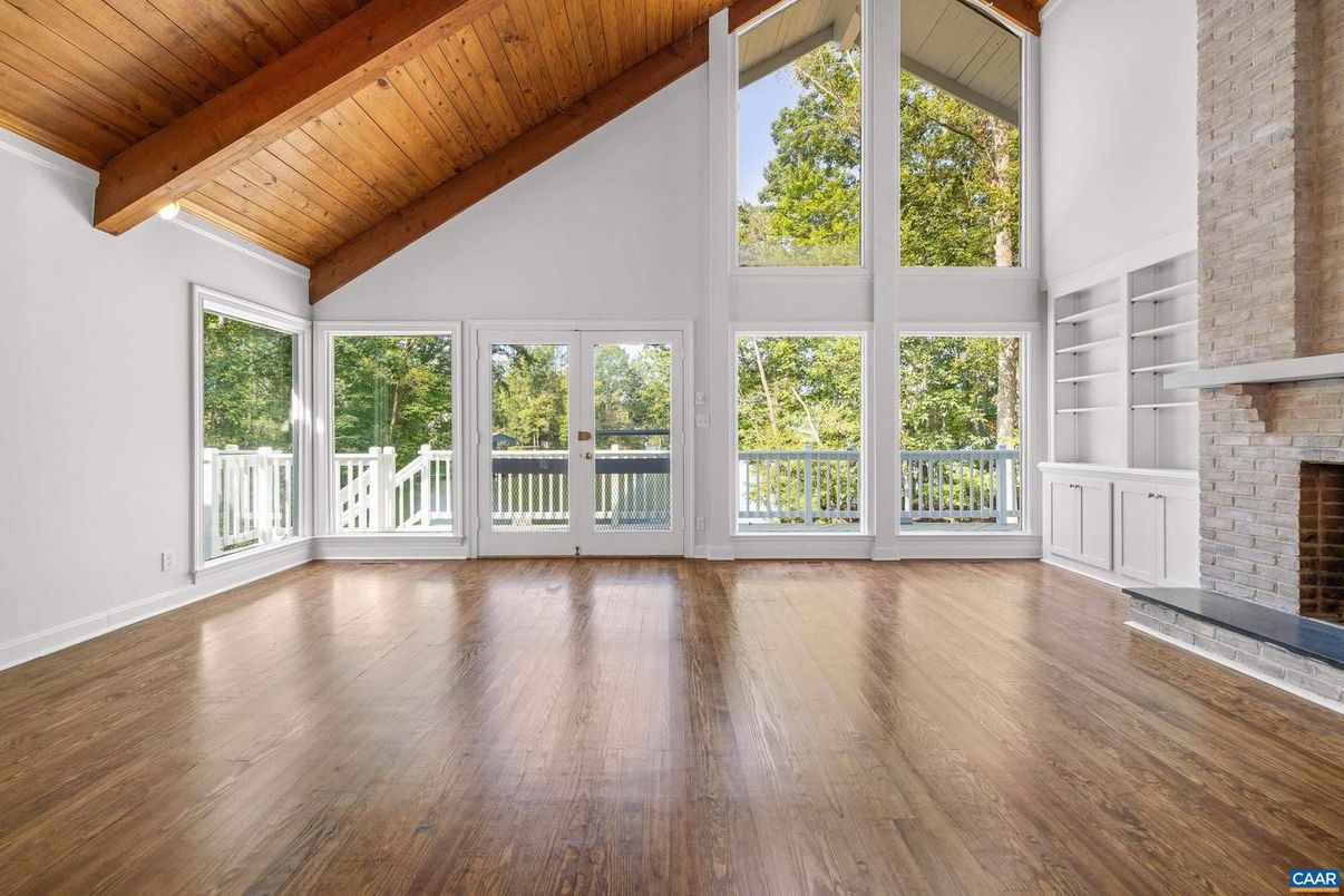 Empty room, Fireplace, Interior, Wooden Beams, Wooden Ceilings, Wood Texture Flooring