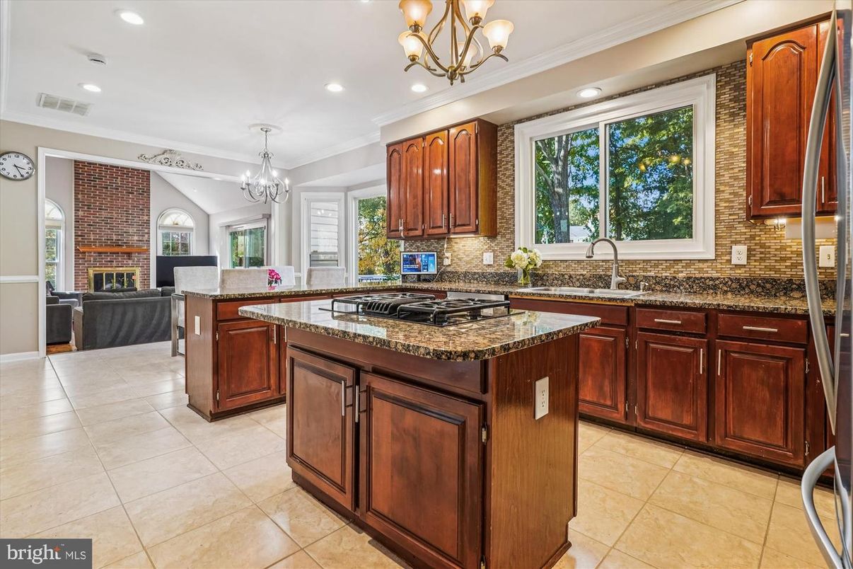 Chandelier, Fireplace, Interior, Kitchen, Living room, Recessed Lighting, Stone Walls