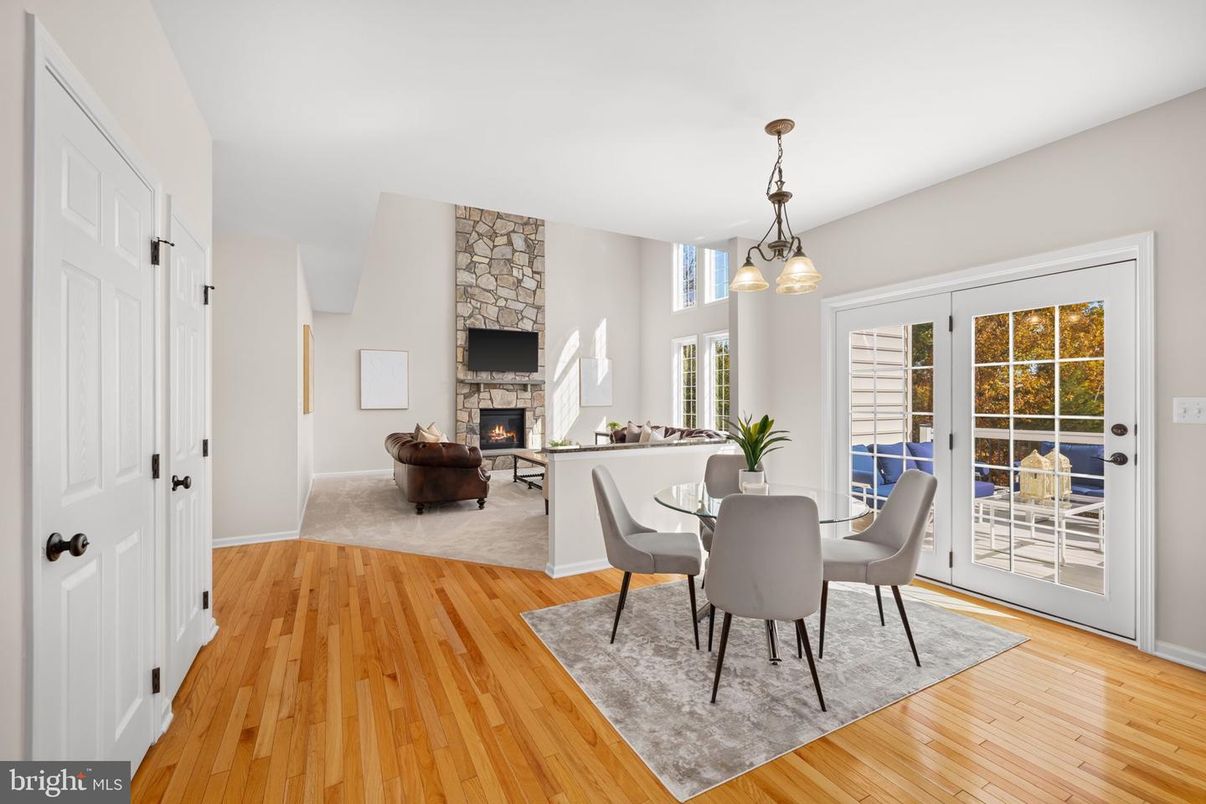 Dining room, Fireplace, Interior, Living room, Pendant Lights, Wood Texture Flooring