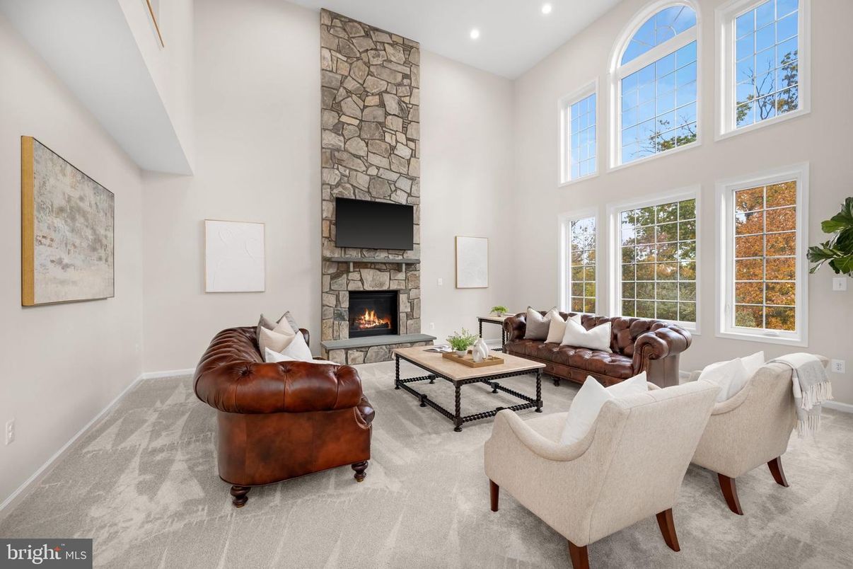 Fireplace, Interior, Living room, Recessed Lighting, Stone Walls