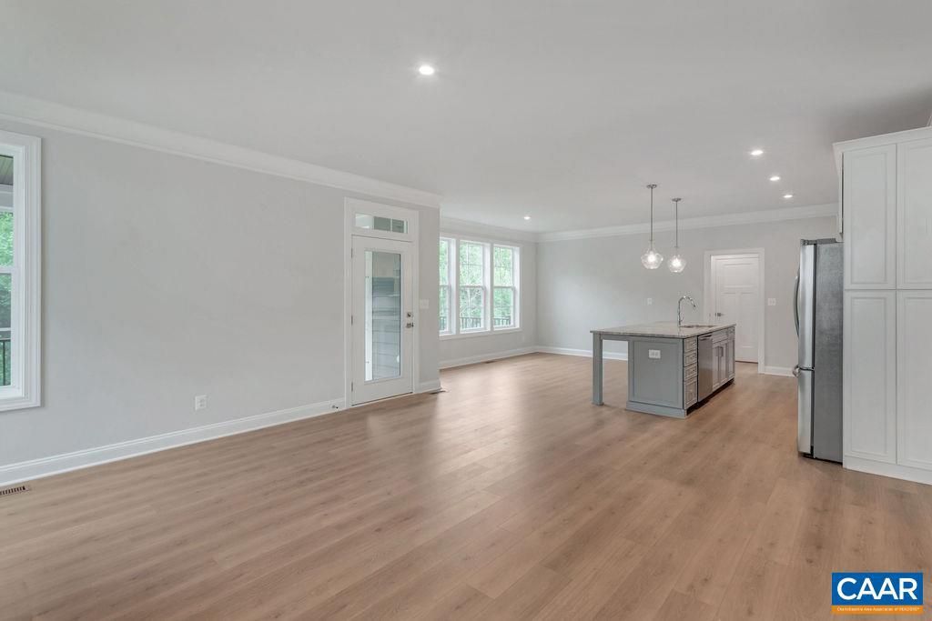 Empty room, Interior, Kitchen, Pendant Lights, Recessed Lighting, Wood Texture Flooring