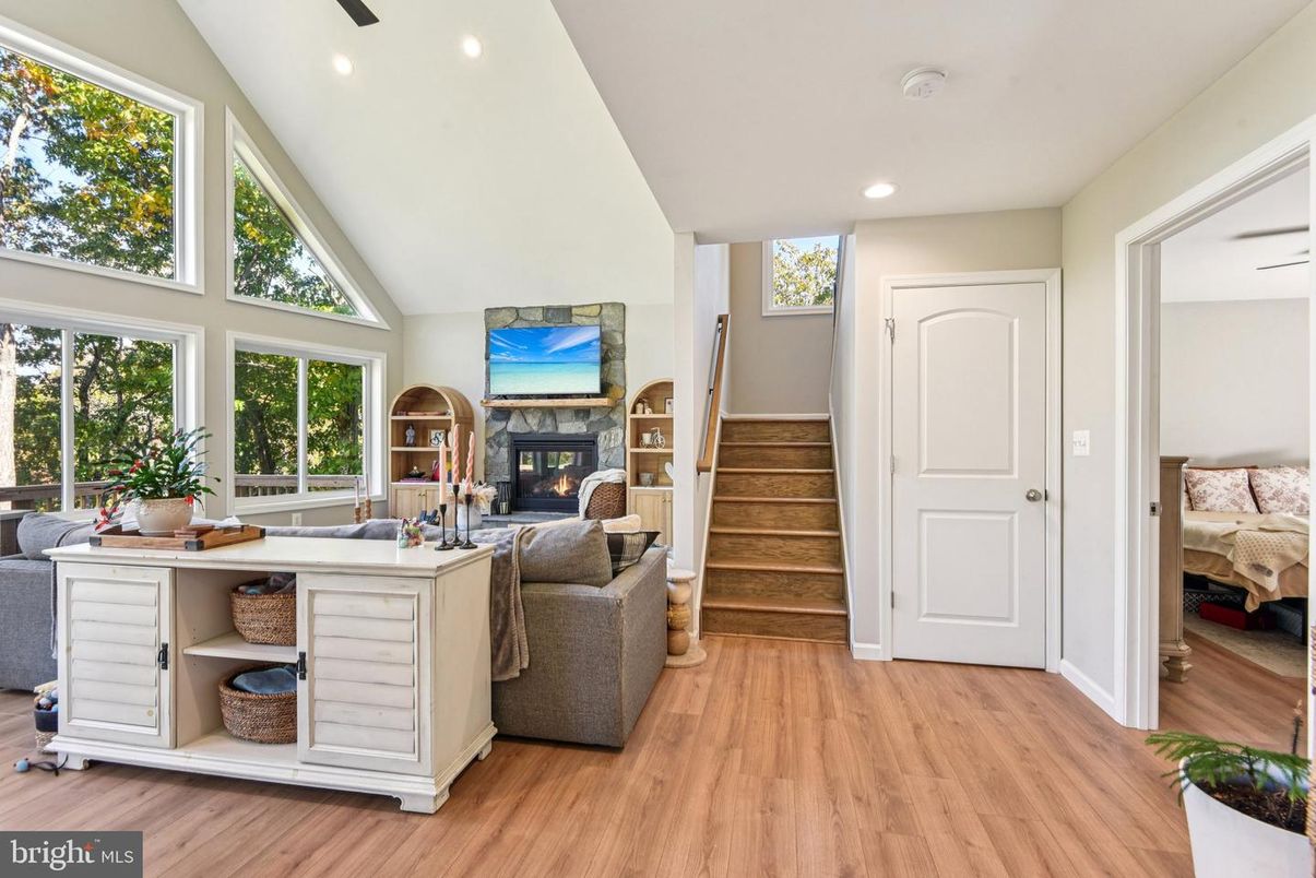 Fireplace, Interior, Recessed Lighting, Wood Texture Flooring