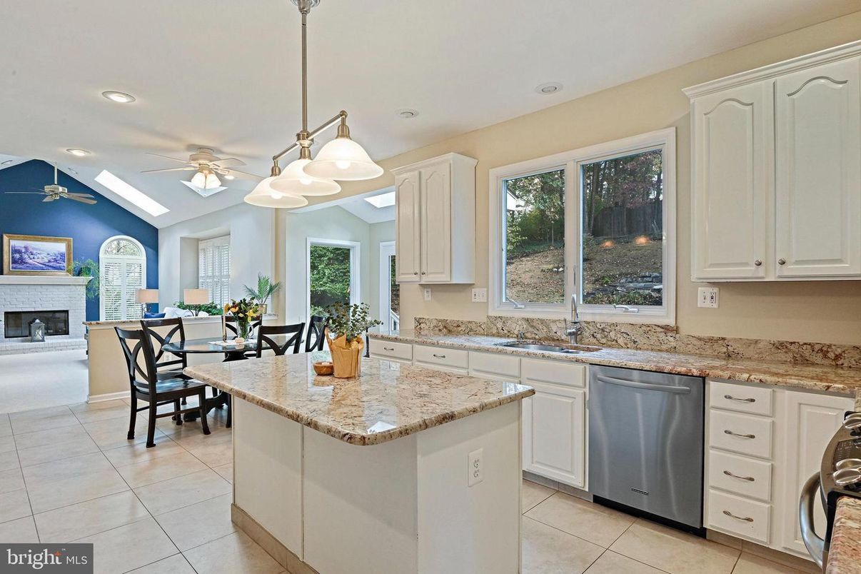 Dining room, Fireplace, Interior, Kitchen, Pendant Lights, Recessed Lighting, Stainless Steel Appliances