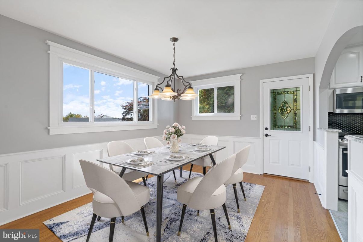 Dining room, Interior, Pendant Lights, Wood Texture Flooring