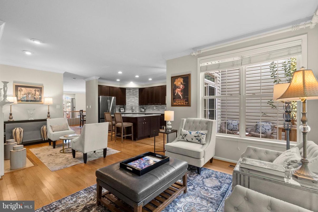 Dining room, Interior, Kitchen, Living room, Recessed Lighting, Stainless Steel Appliances, Wood Texture Flooring