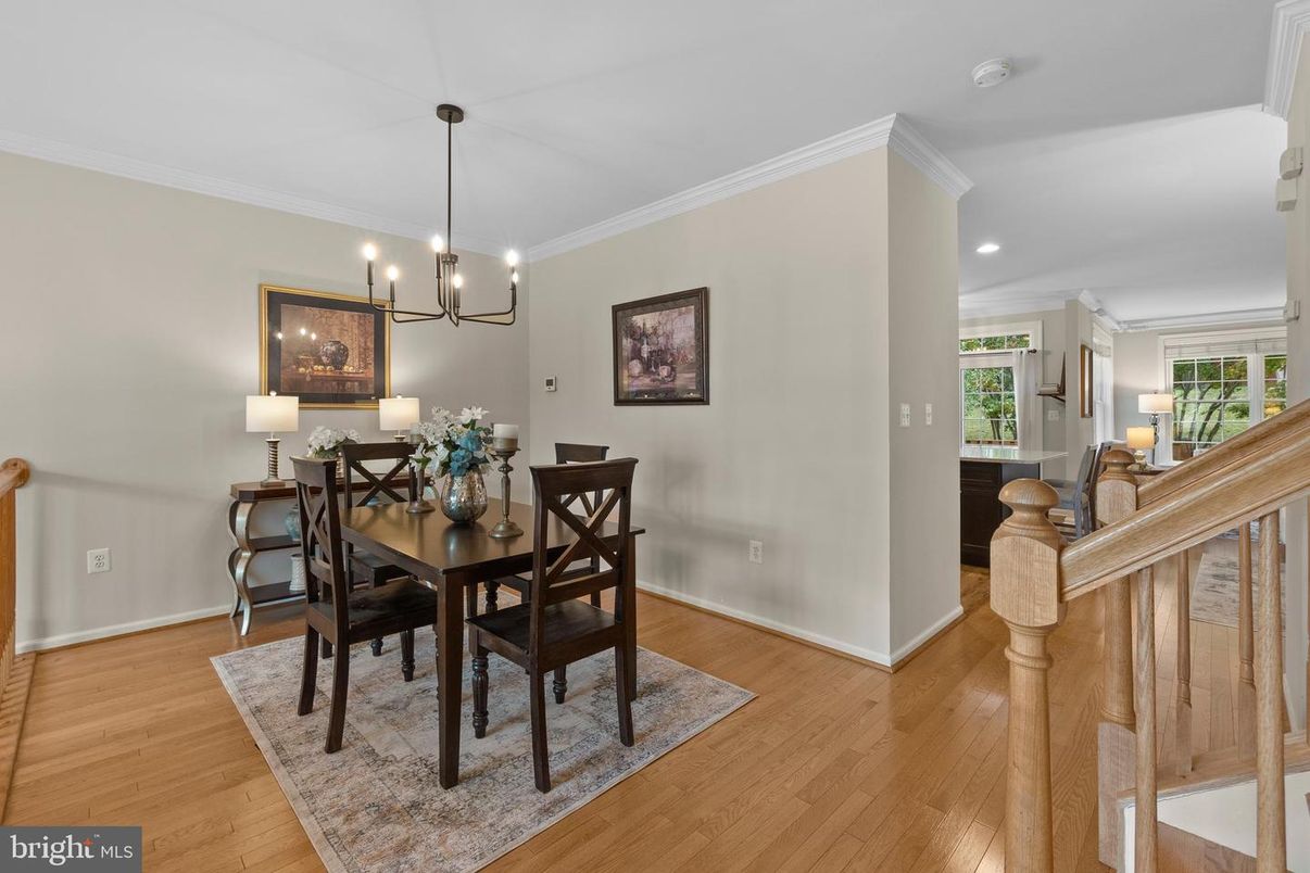 Dining room, Interior, Pendant Lights, Recessed Lighting, Wood Texture Flooring