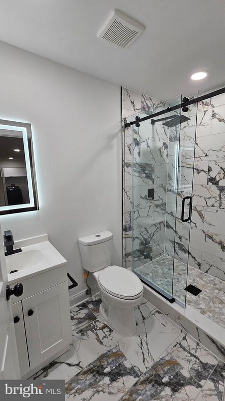 Bathroom, Glass Shower, Interior, Marble, Marble Walls, Recessed Lighting