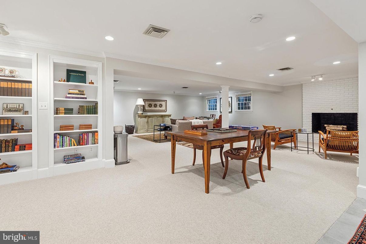 Fireplace, Home Office, Interior, Living room, Recessed Lighting, Stone Walls