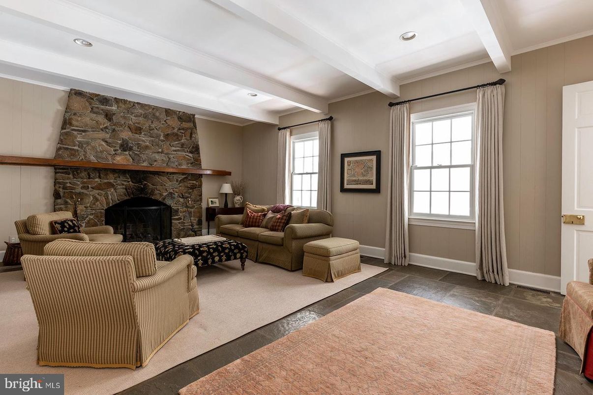 Fireplace, Interior, Living room, Recessed Lighting, Stone Walls