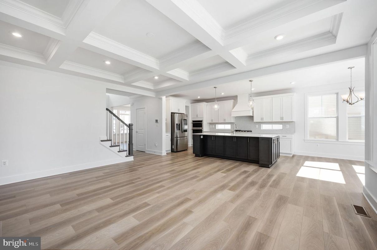 Chandelier, Interior, Kitchen, Pendant Lights, Recessed Lighting, Stainless Steel Appliances, Wood Texture Flooring