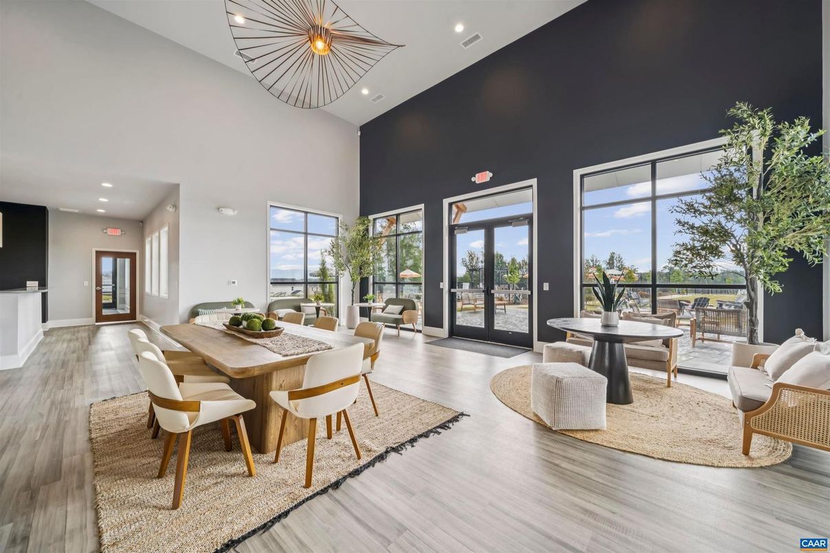 Dining room, Interior, Pendant Lights, Recessed Lighting, Wood Texture Flooring