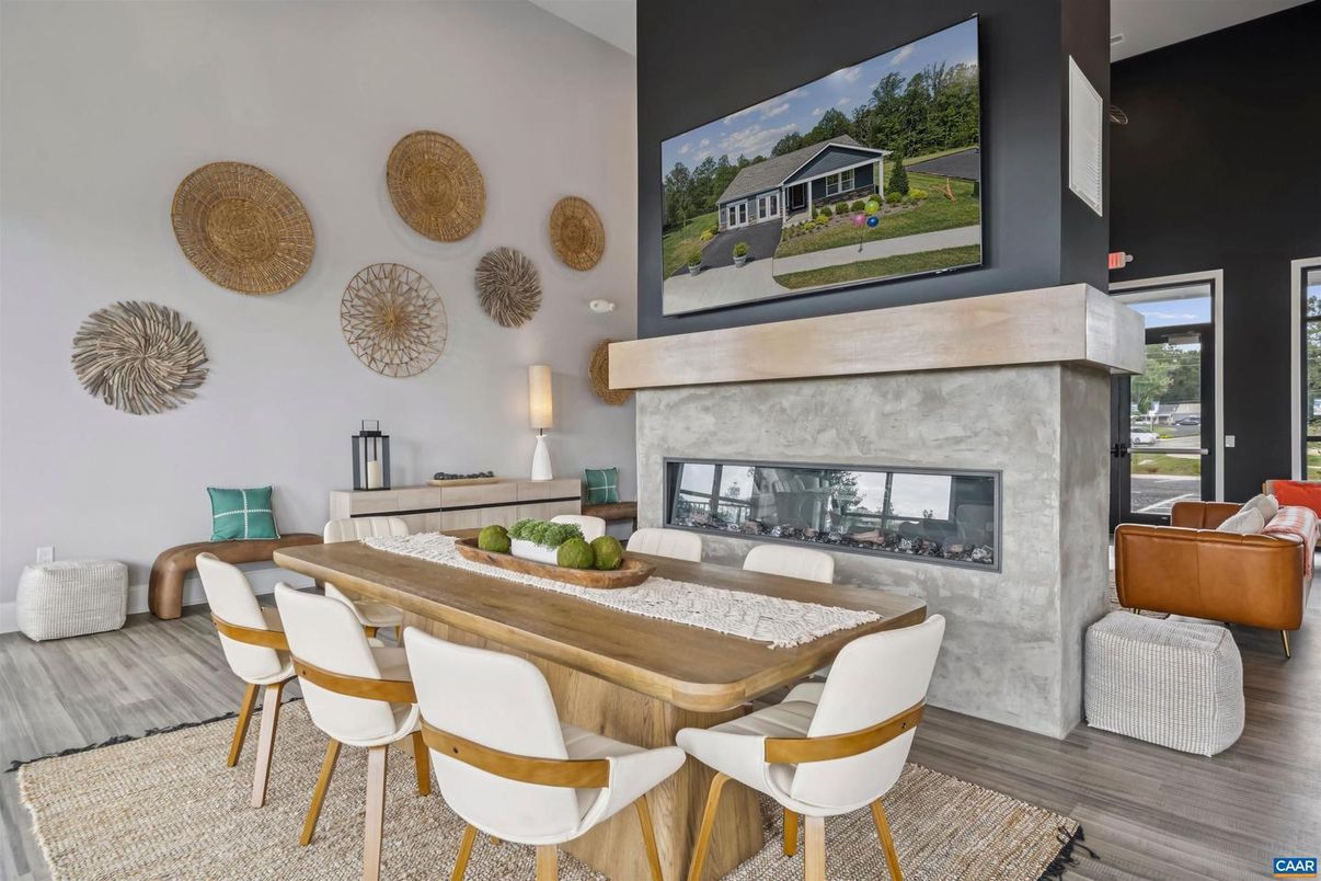 Dining room, Fireplace, Interior, Wood Texture Flooring