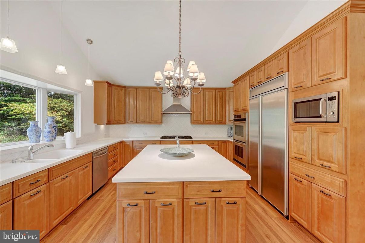 Chandelier, Interior, Kitchen, Pendant Lights, Stainless Steel Appliances, Wood Texture Flooring
