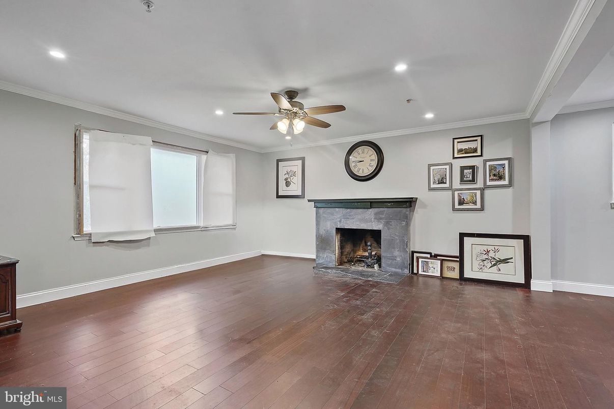Empty room, Fireplace, Interior, Recessed Lighting, Wood Texture Flooring