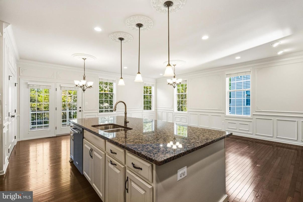 Chandelier, Interior, Kitchen, Pendant Lights, Recessed Lighting, Wood Texture Flooring