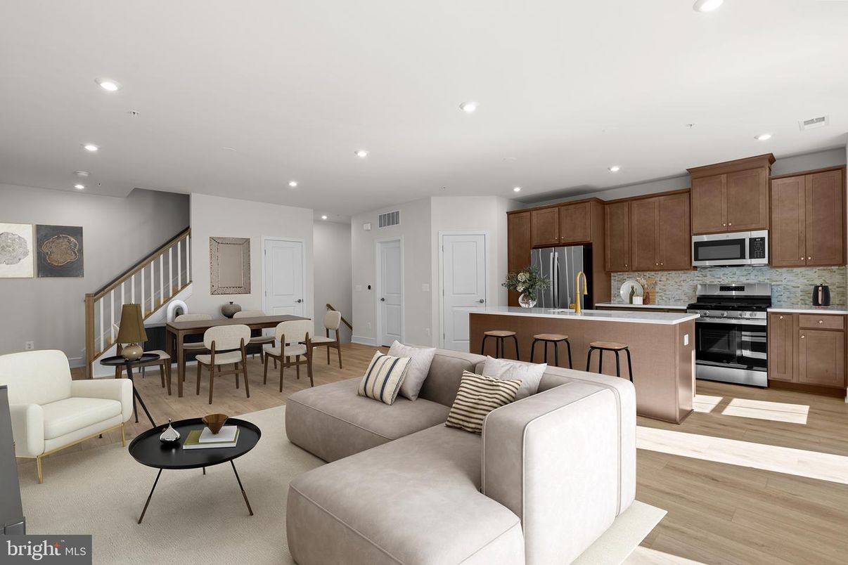 Dining room, Interior, Kitchen, Living room, Recessed Lighting, Stainless Steel Appliances, Wood Texture Flooring