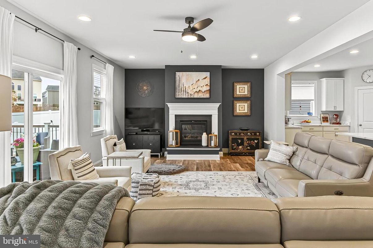 Fireplace, Interior, Living room, Recessed Lighting, Wood Texture Flooring