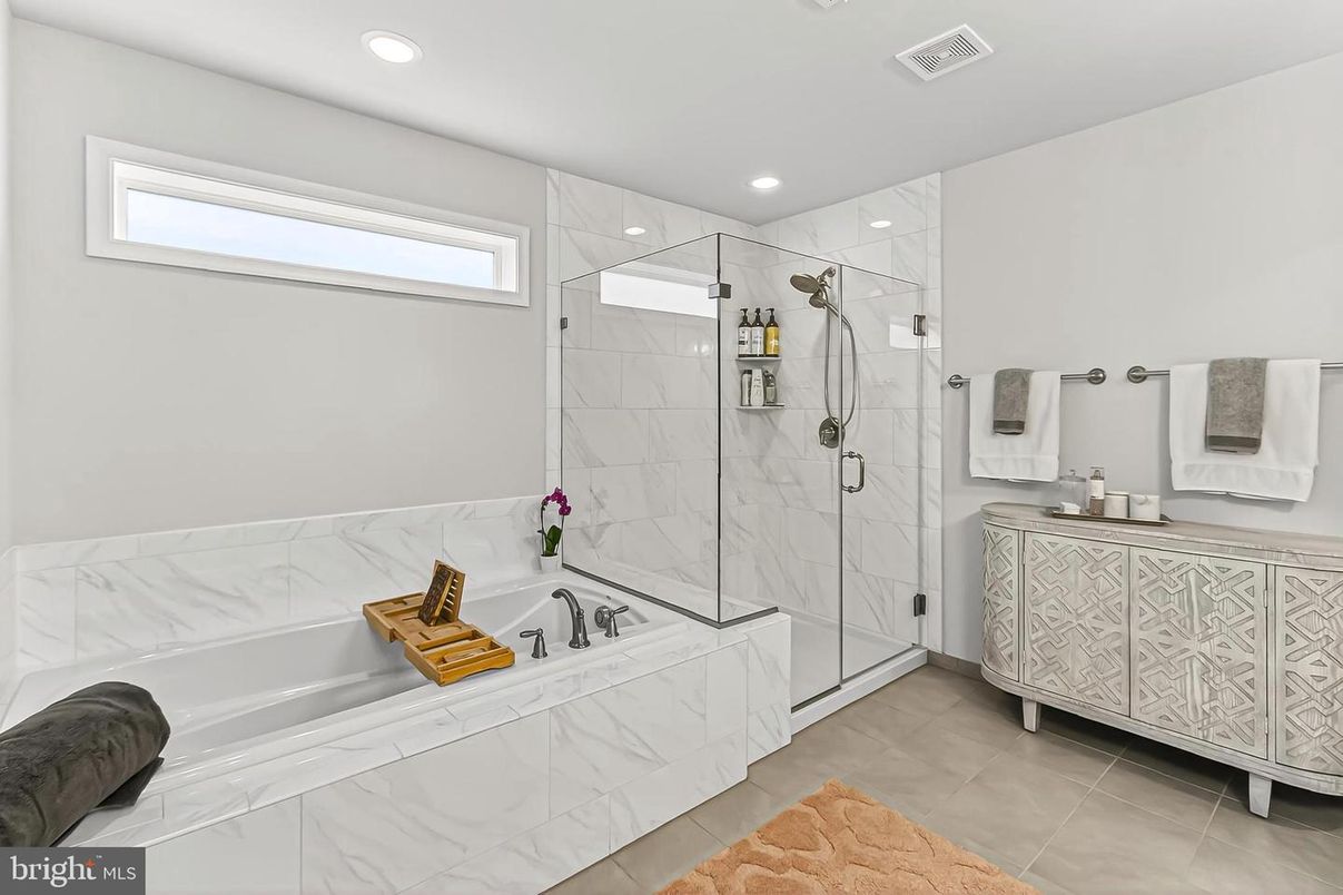 Bathroom, Glass Shower, Interior, Marble Walls, Recessed Lighting