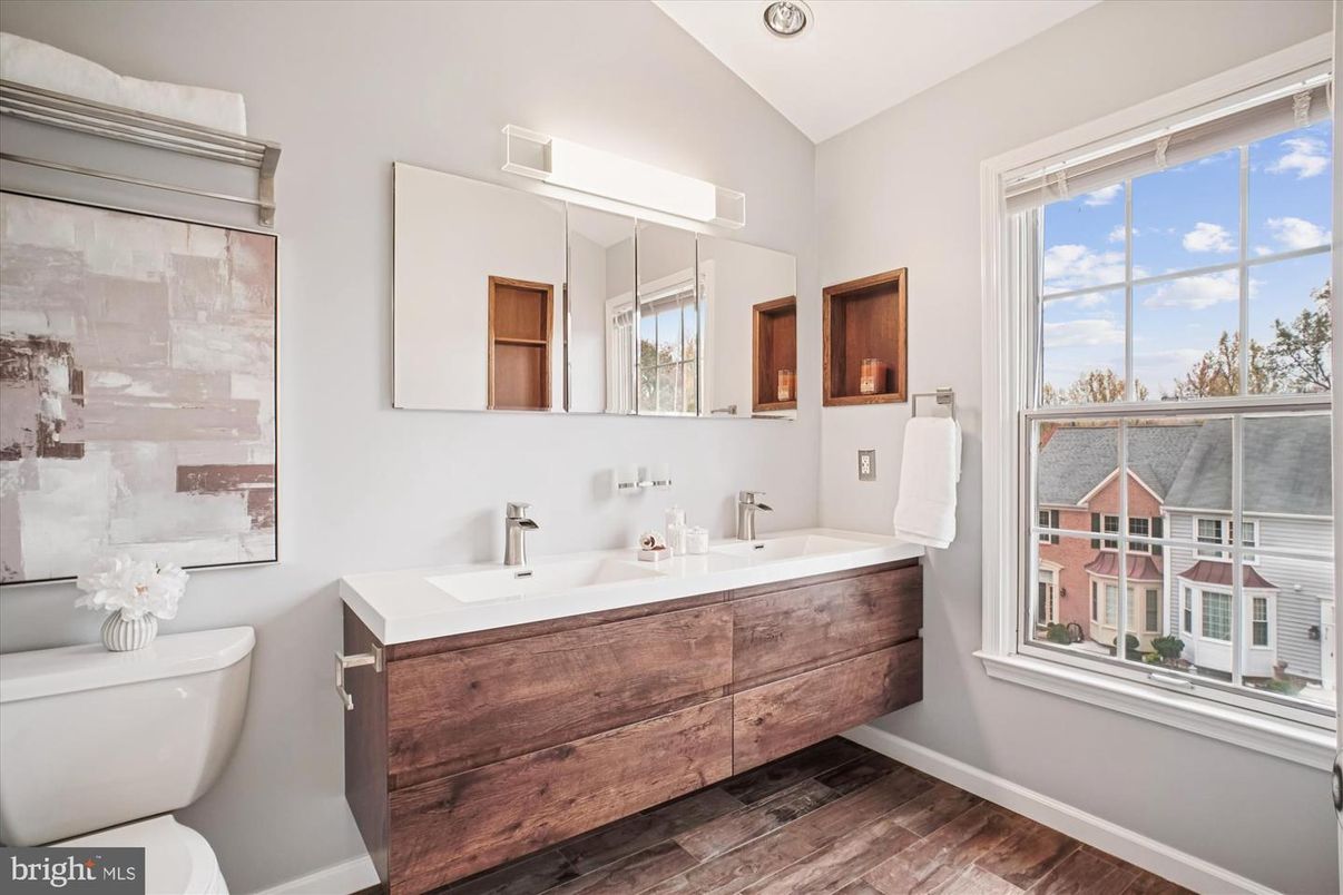 Bathroom, Dual Sink Vanities, Interior, Recessed Lighting, Wood Texture Flooring
