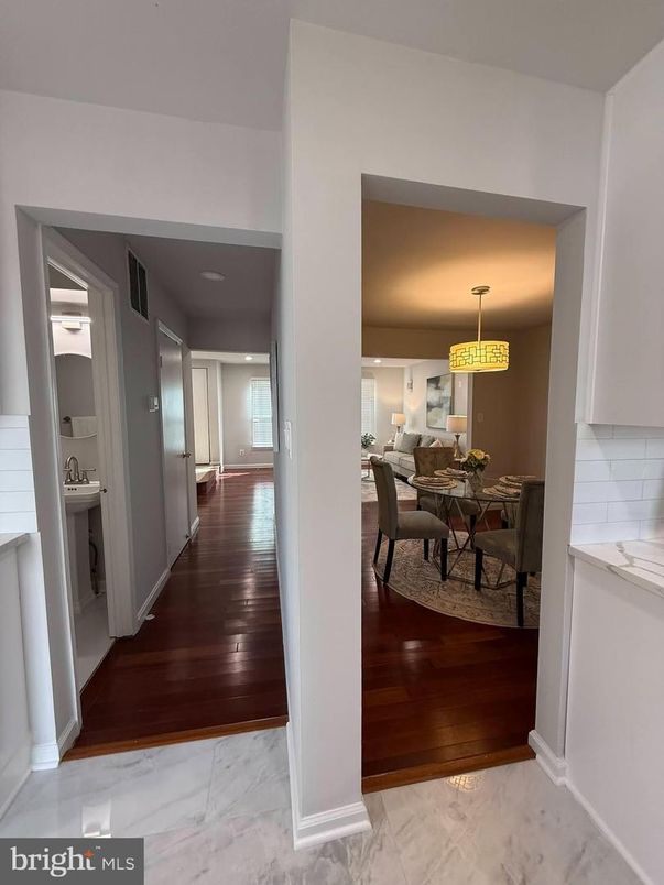 Dining room, Interior, Marble, Pendant Lights, Recessed Lighting, Wood Texture Flooring