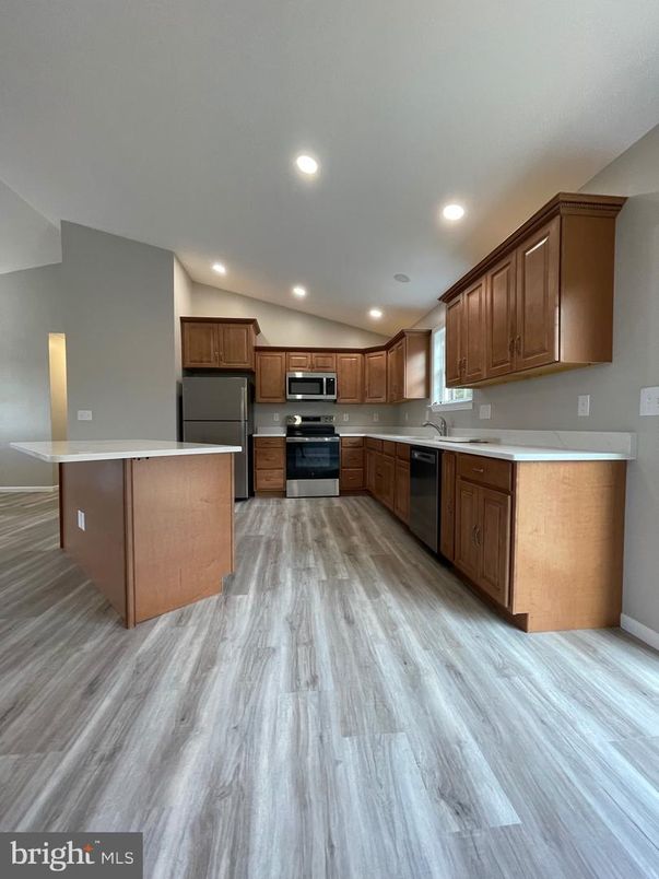 Interior, Kitchen, Recessed Lighting, Stainless Steel Appliances, Wood Texture Flooring