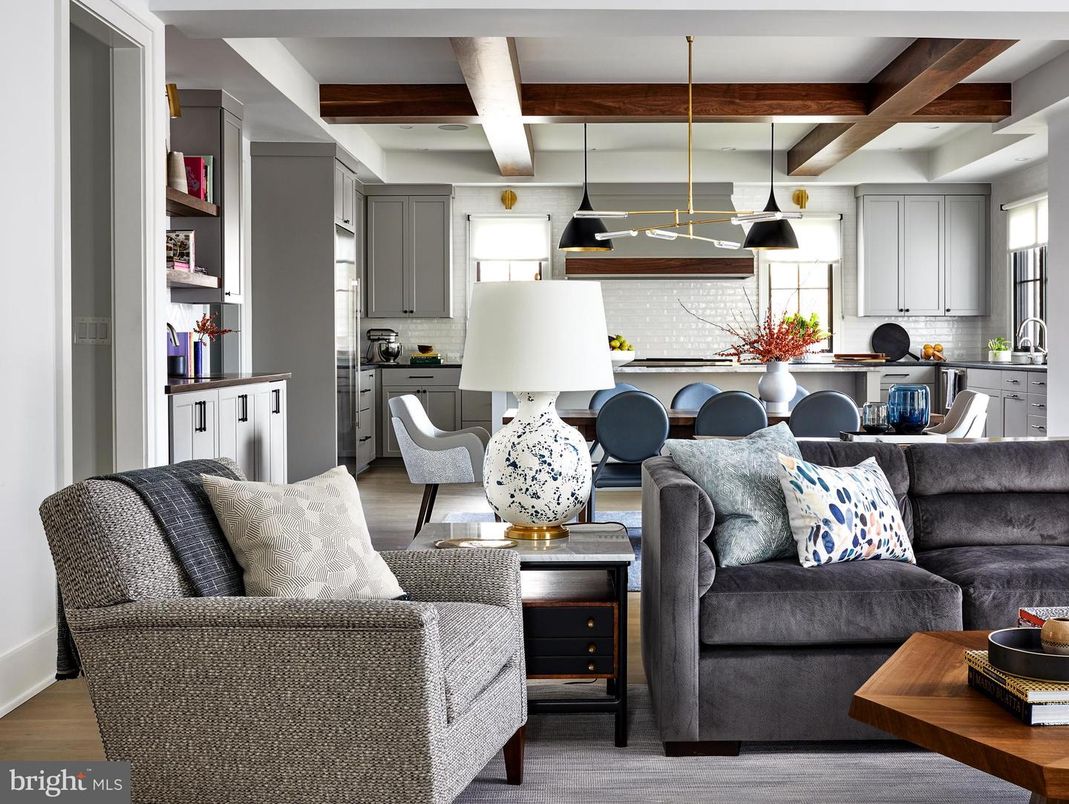 Dining room, Interior, Kitchen, Living room, Pendant Lights, Wooden Beams, Wood Texture Flooring