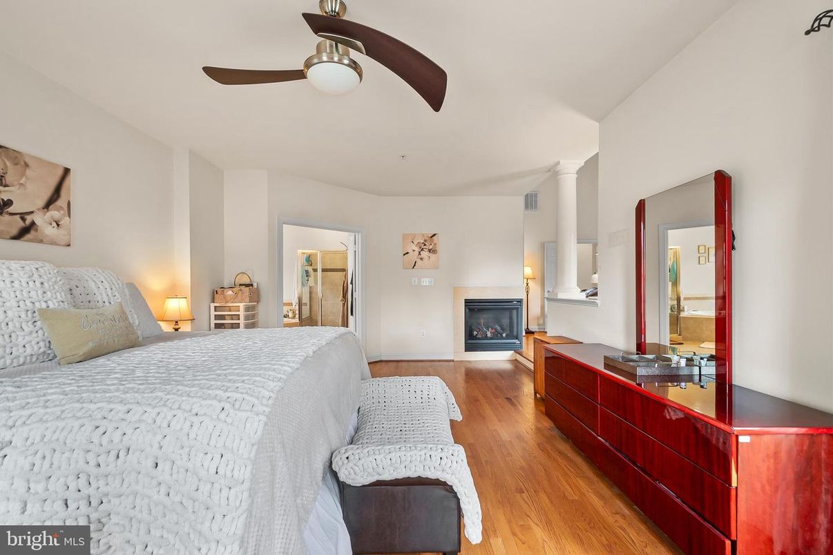 Bedroom, Fireplace, Interior, Wood Texture Flooring