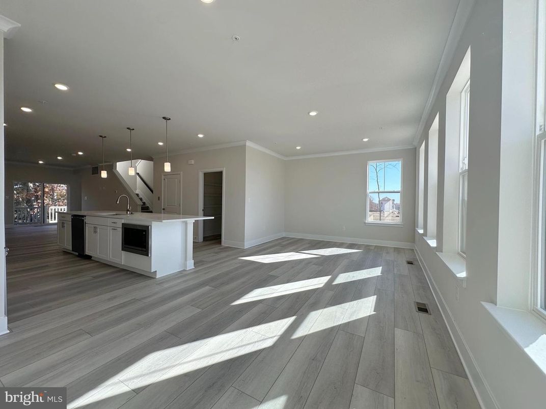 Empty room, Interior, Kitchen, Pendant Lights, Recessed Lighting, Wood Texture Flooring