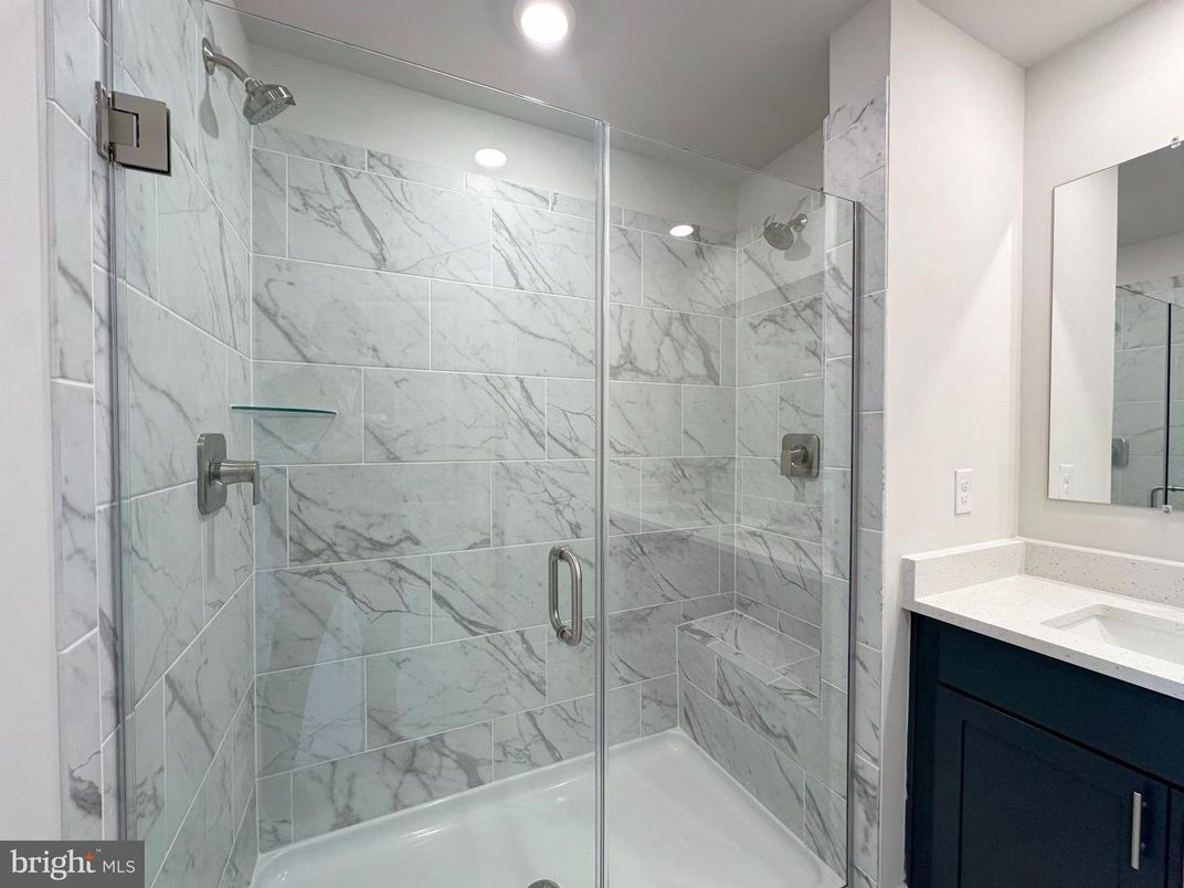 Bathroom, Glass Shower, Interior, Marble Walls, Recessed Lighting