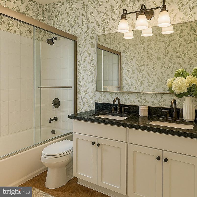 Bathroom, Dual Sink Vanities, Glass Shower, Interior, Wood Texture Flooring