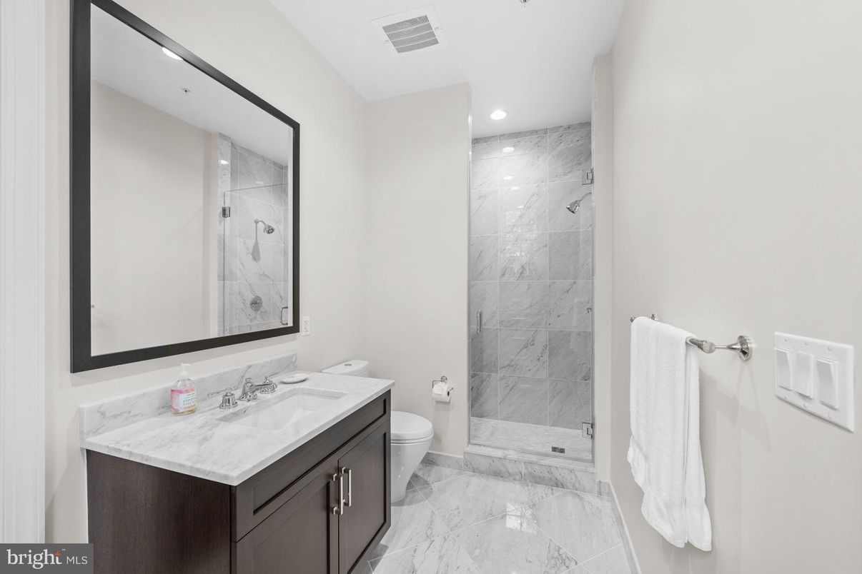 Bathroom, Glass Shower, Interior, Marble, Marble Walls, Recessed Lighting