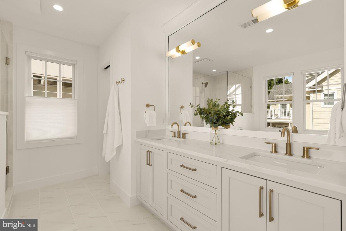 Bathroom, Dual Sink Vanities, Glass Shower, Interior, Marble, Recessed Lighting