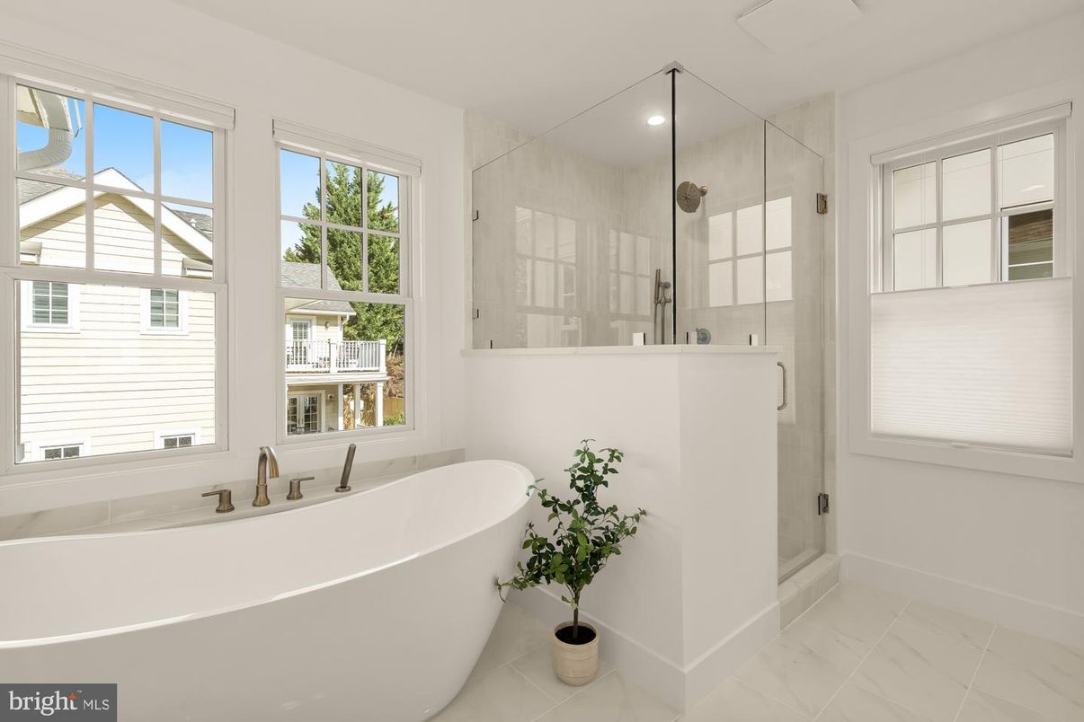 Bathroom, Free Standing Baths, Glass Shower, Interior, Marble, Recessed Lighting