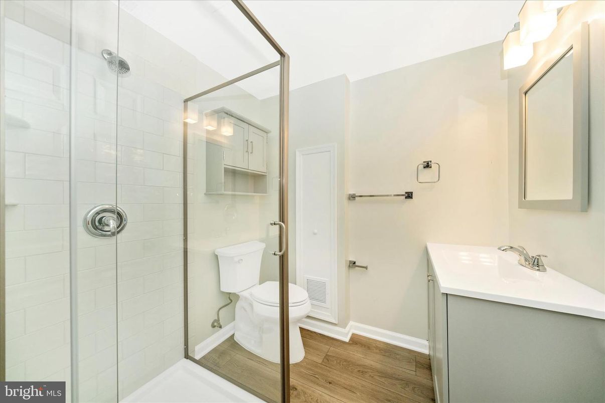 Bathroom, Glass Shower, Interior, Wood Texture Flooring