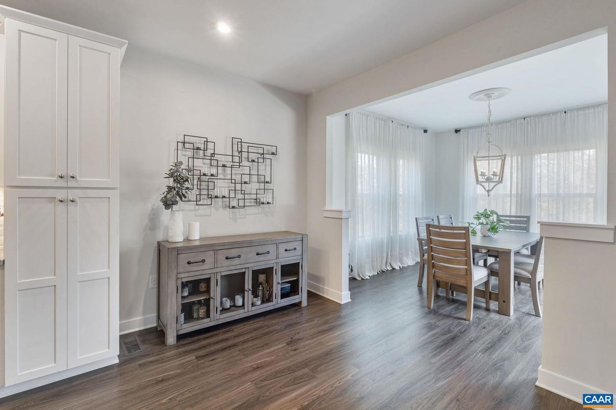 Dining room, Interior, Pendant Lights, Recessed Lighting, Wood Texture Flooring