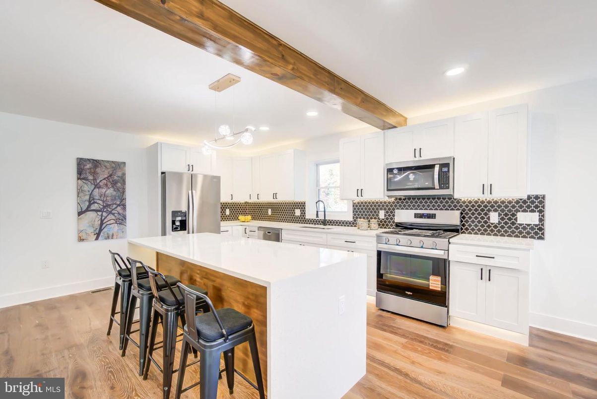 Interior, Kitchen, Pendant Lights, Recessed Lighting, Stainless Steel Appliances, Wooden Beams, Wood Texture Flooring
