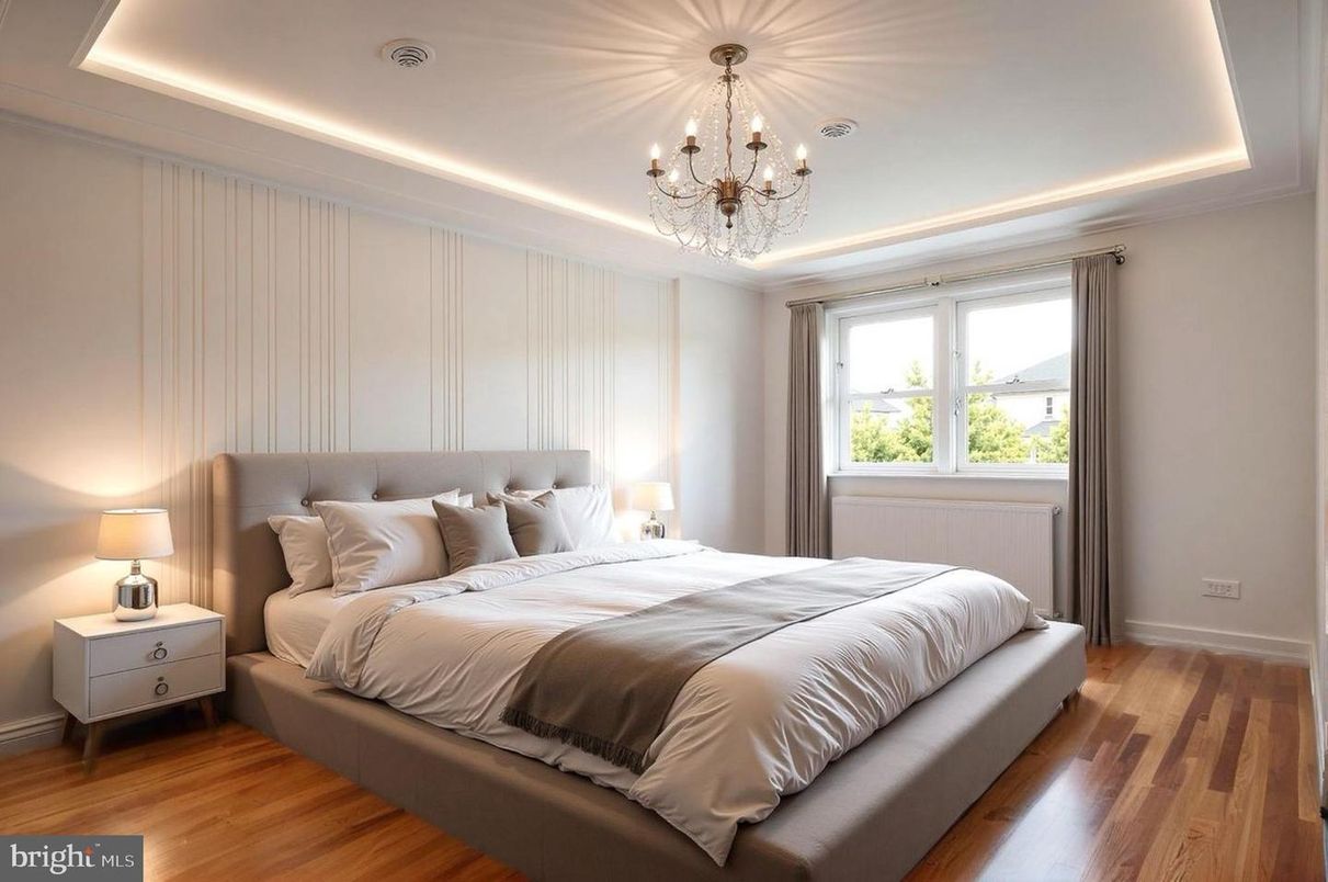 Bedroom, Chandelier, Interior, Recessed Lighting, Wood Texture Flooring
