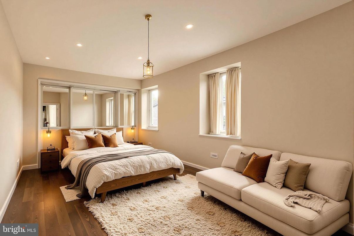 Bedroom, Interior, Pendant Lights, Recessed Lighting, Wood Texture Flooring