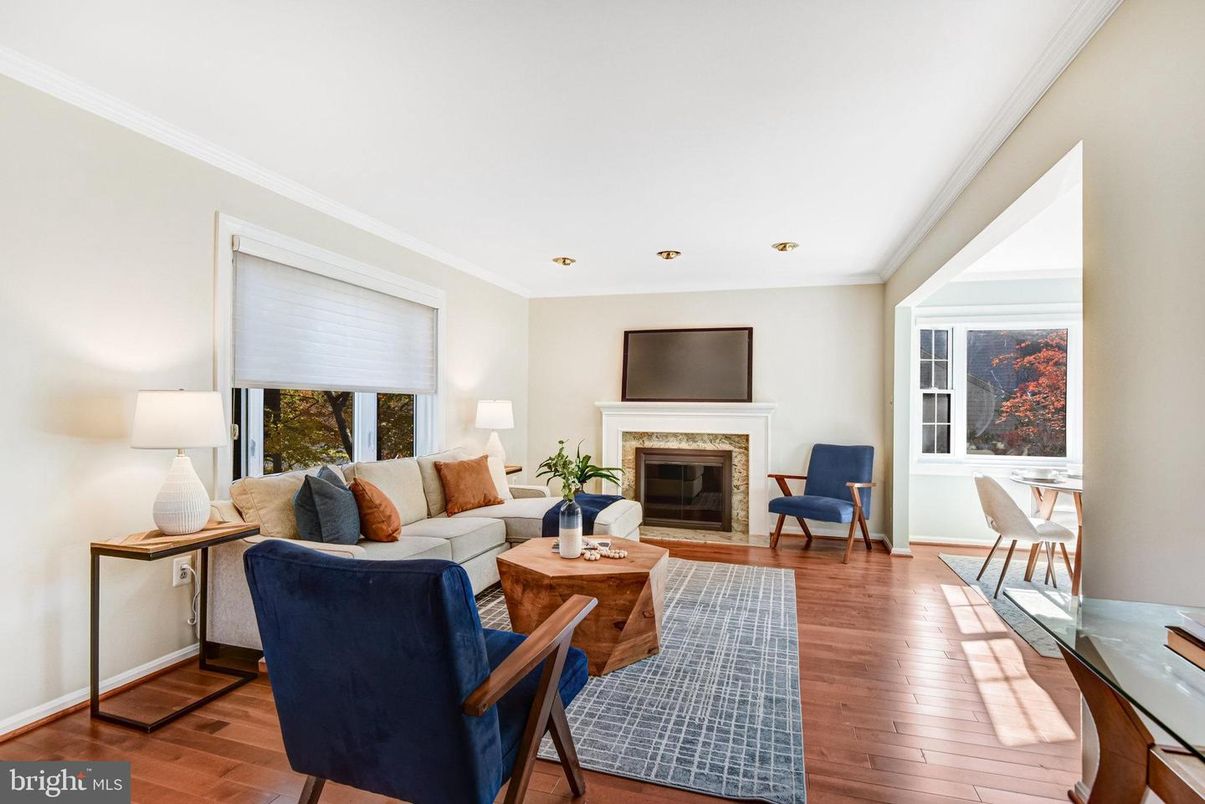 Dining room, Fireplace, Interior, Living room, Recessed Lighting, Wood Texture Flooring