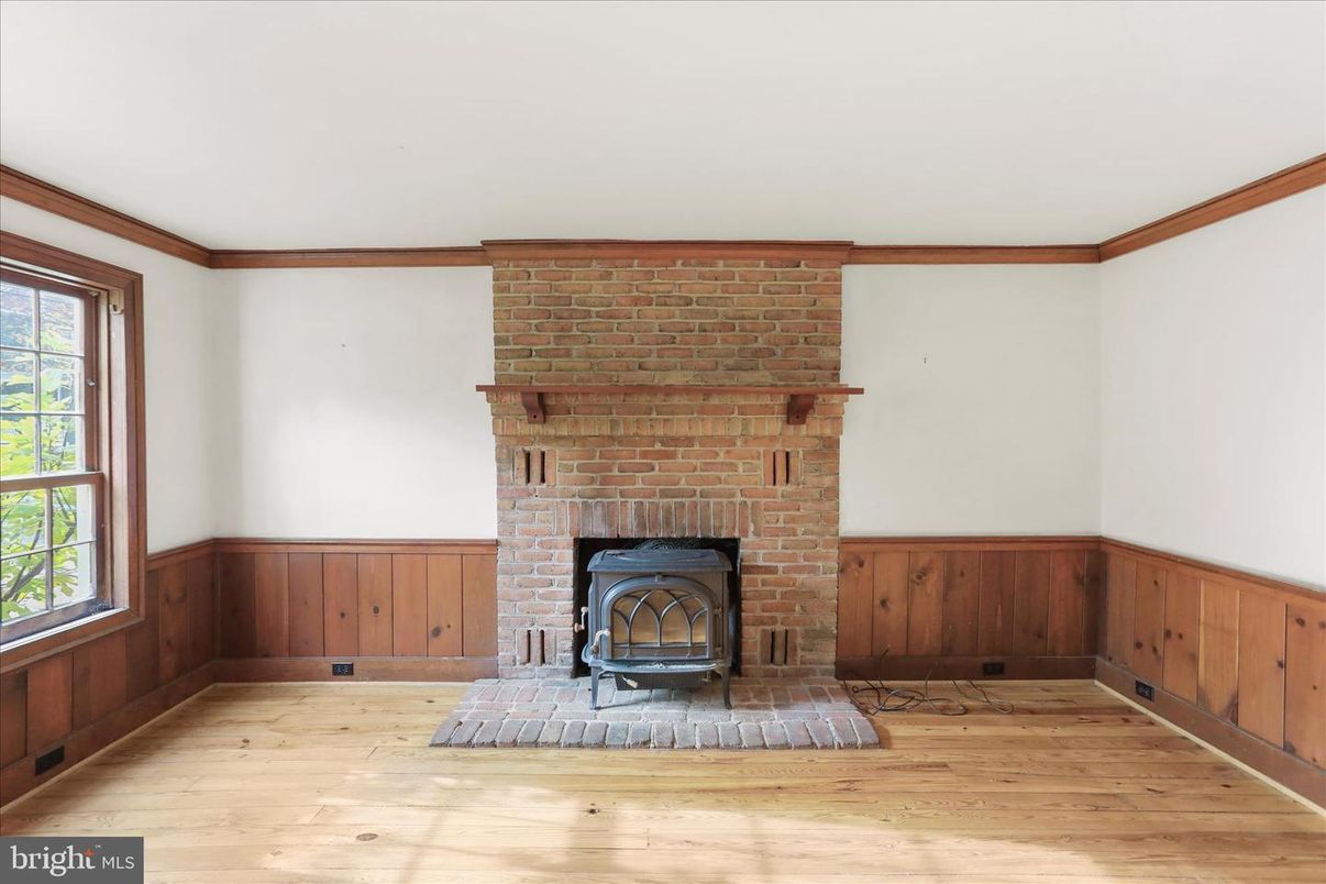 Empty room, Fireplace, Interior, Stone Walls, Wood Texture Flooring
