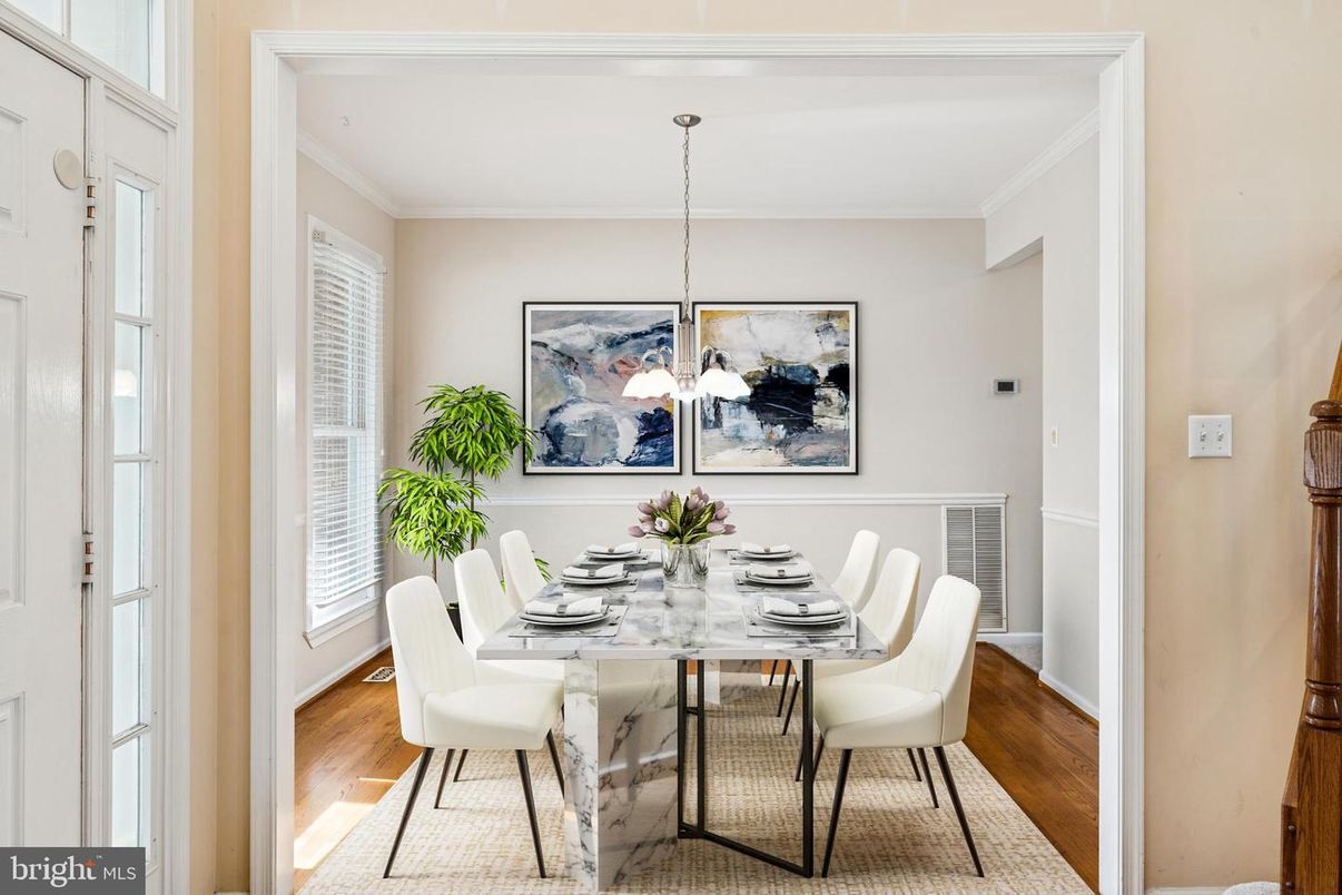 Dining room, Interior, Pendant Lights, Wood Texture Flooring