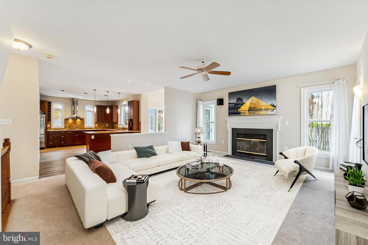 Fireplace, Interior, Kitchen, Living room, Pendant Lights, Recessed Lighting, Wood Texture Flooring