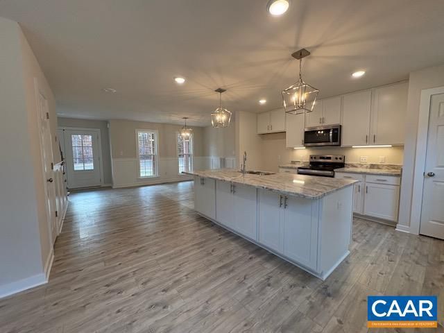 Chandelier, Interior, Kitchen, Pendant Lights, Recessed Lighting, Wood Texture Flooring