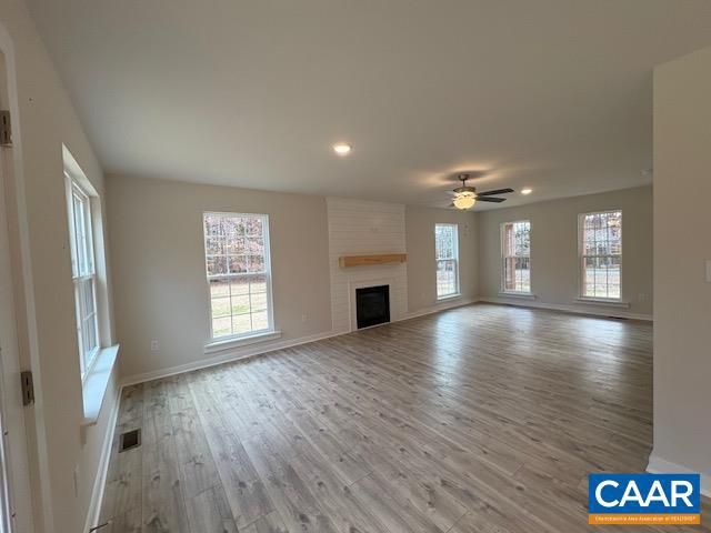 Empty room, Fireplace, Interior, Recessed Lighting, Wood Texture Flooring